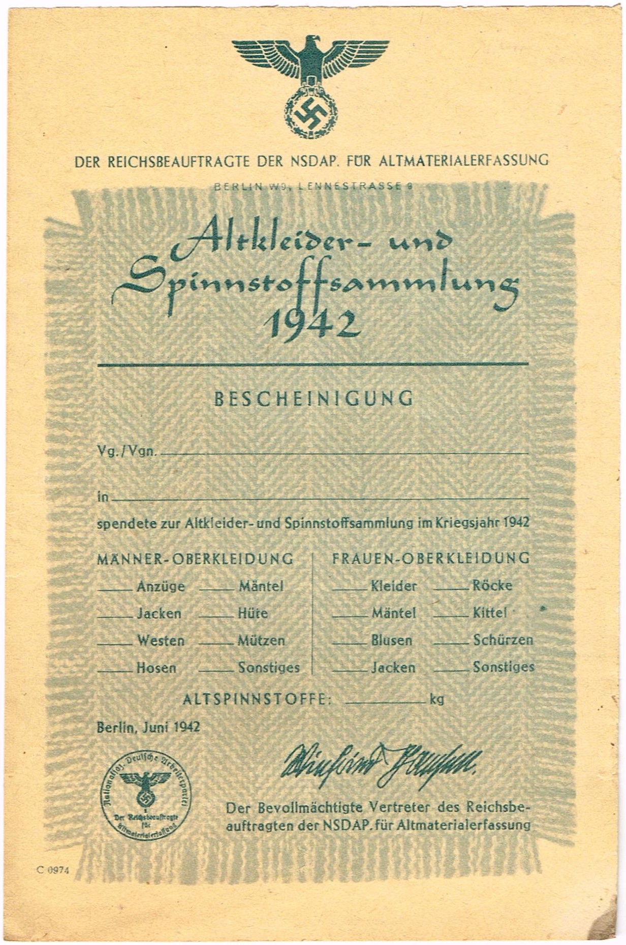 Photo Altkleider- und Spinnstoffsammlung 1942 - Bescheinigung - Der Reichsbeauftragte der NSDAP für Altmaterialerfassung